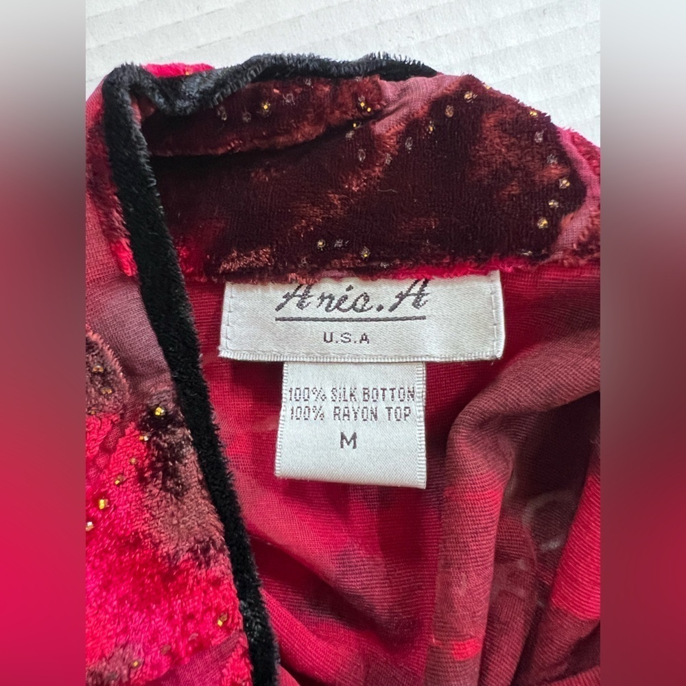 ARIA A Medium Fall Color Velvet Burnout Silk Blend Asian Kimono Top Frog Closure - Picture 8 of 12